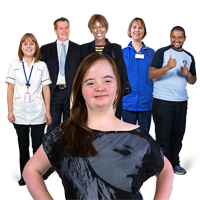 a woman with learning disabilities with a team behind