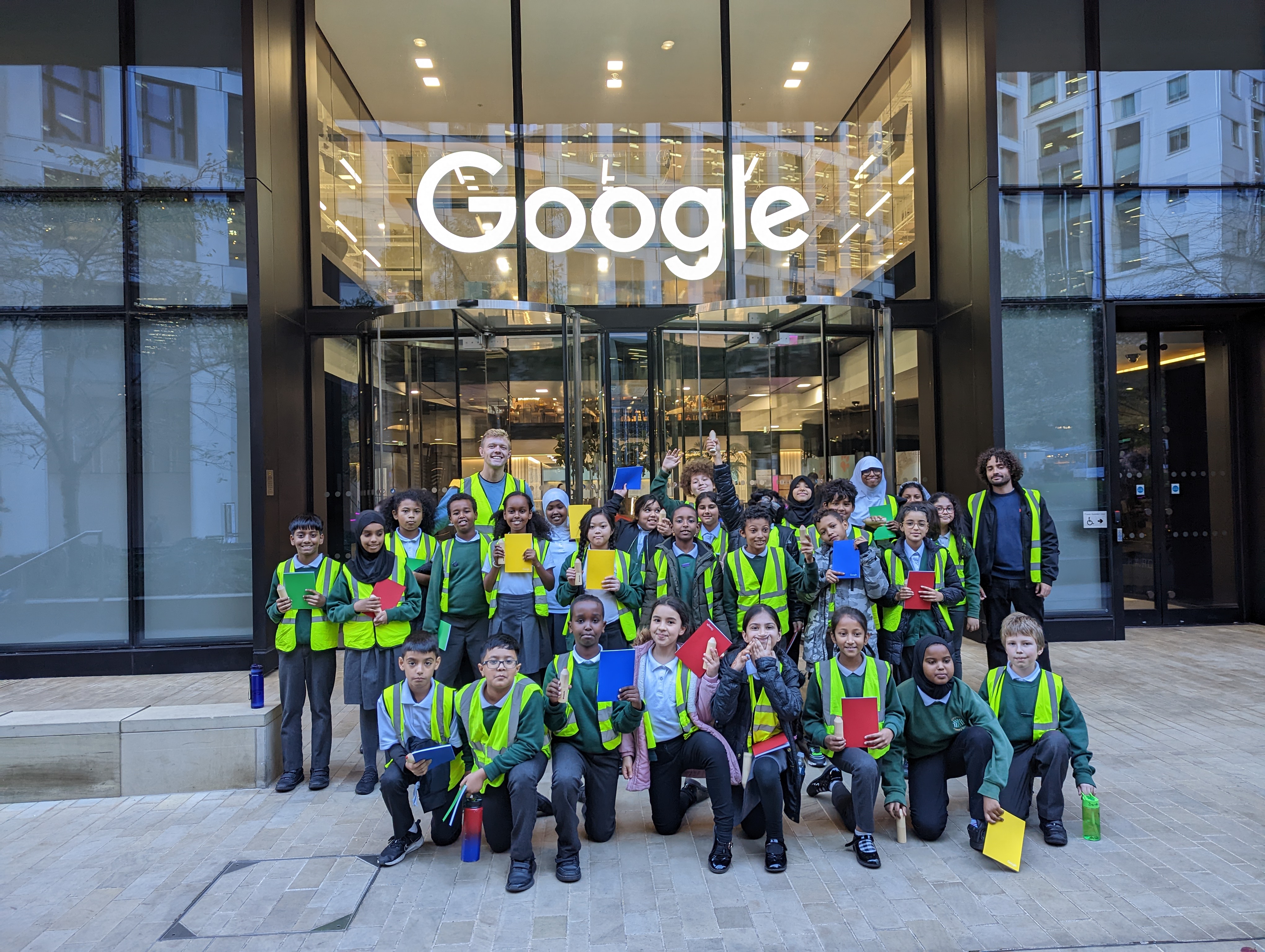 School children outside Google building