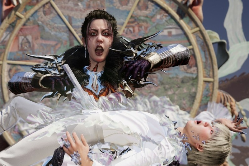 An AI animated woman, who is wearing dark makeup and a costume of dark features, looks in front of her with anger and an open mouth. Below her a young boy, who is dressed in all white is floating horizontal in the air whilst screaming.