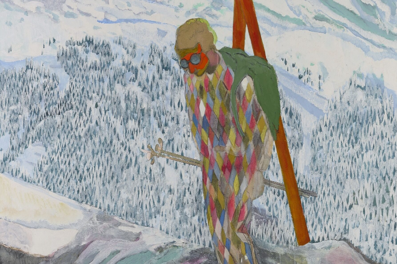A watercolour painting of a multicoloured man skiing and a background of white snowy mountains with trees 